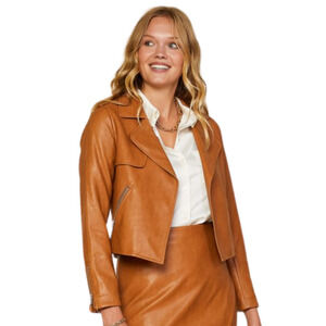 SKIES ARE BLUE Camel Vegan Leather Moto Biker Jacket Open Front Women's Small